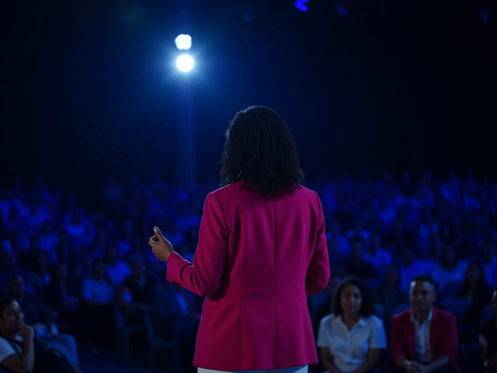 Speaker addressing audience at large conference event