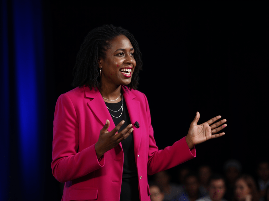 Professional woman speaking on stage in pink