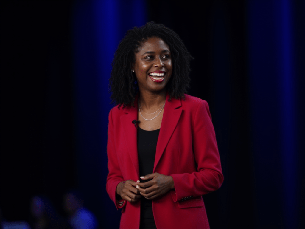 Woman speaking on stage in red blazer.