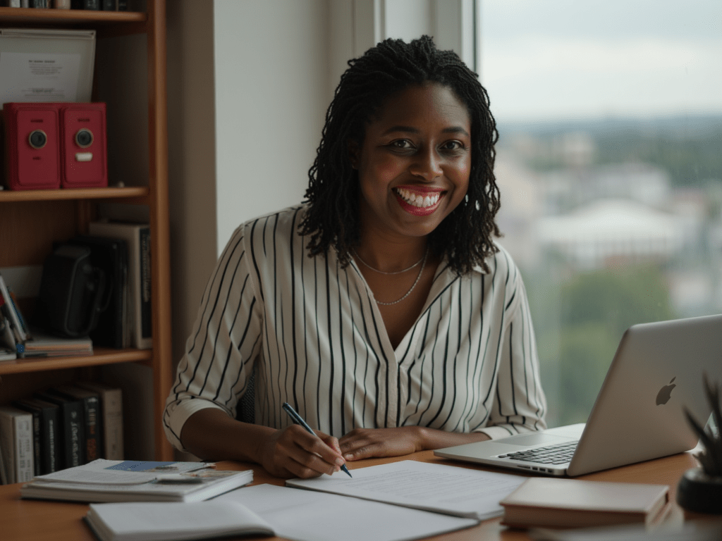 Smiling woman working at her desk laptop
